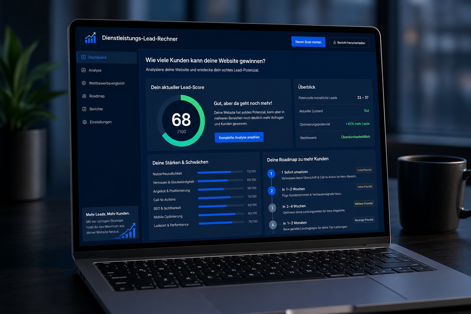Laptop mit Lead-Analyse Dashboard für Website-Anfragen